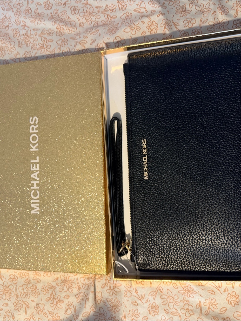 Michael Kors Black Pebbled Leather Wristlet with Gold Logo
